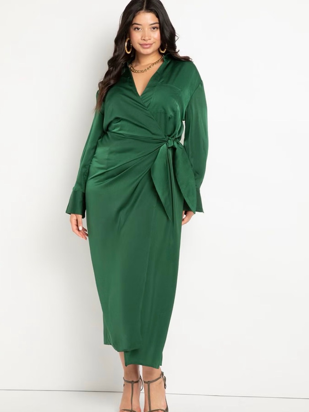 Eloquii Satin Emerald Green Wrap Midi Dress with Side Tie
